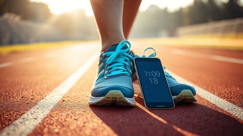 운동장 바닥에 놓인 러닝화와 타이머가 설정된 스마트폰
