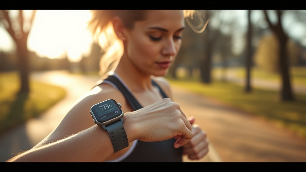 러너가 자신의 스마트워치에 표시된 심박수 수치를 확인하며 페이스를 조절하는 모습