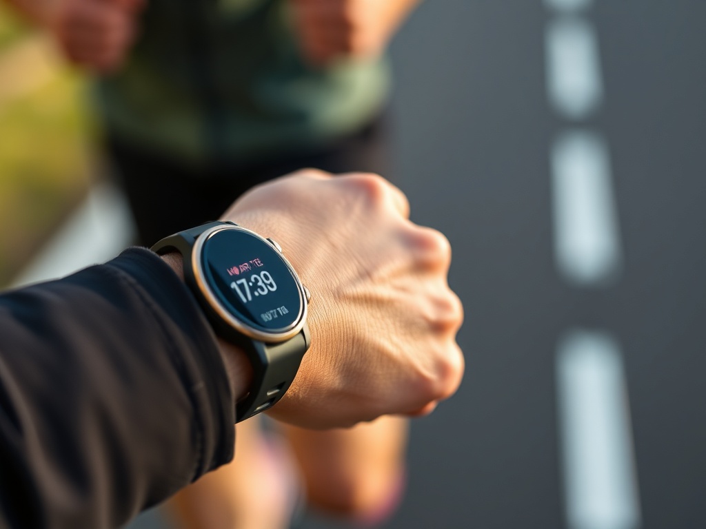 달리는 도중 스마트워치를 보며 자신의 심박수와 현재 페이스를 꼼꼼히 점검하는 러너의 손목