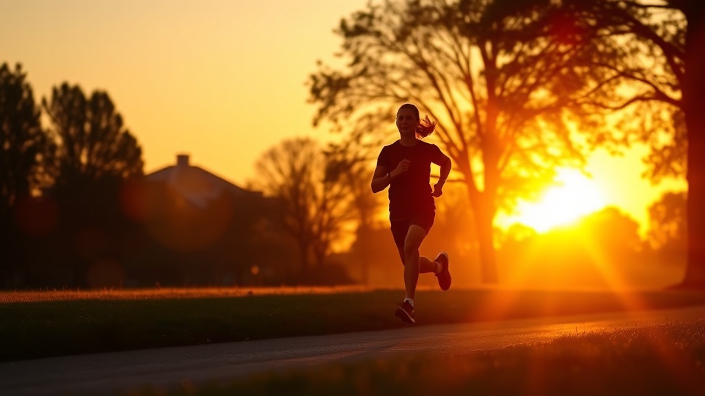 일출 시간대에 공원을 평온하고 일정한 속도로 조깅하고 있는 러너의 모습